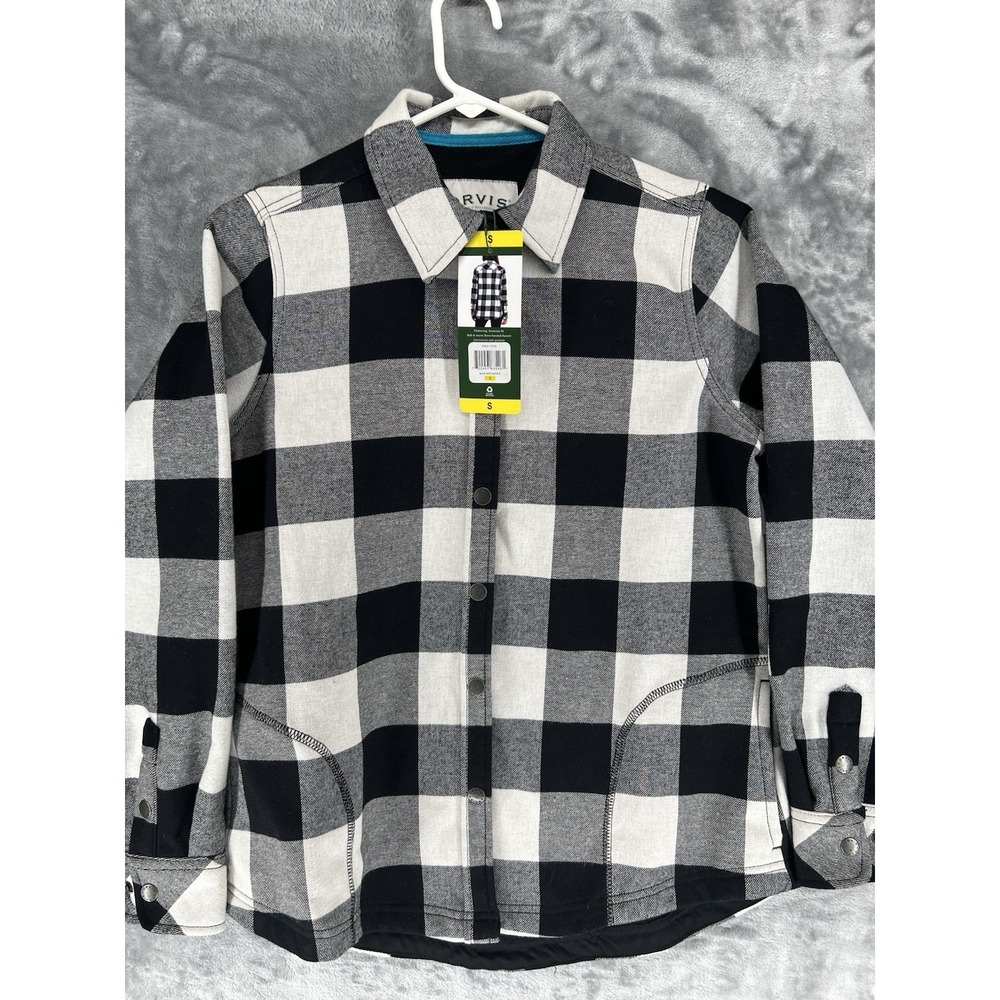 NWT Orvis Fleece Lined Buffalo Plaid‎ Shacket Black White Full Snap Pockets S